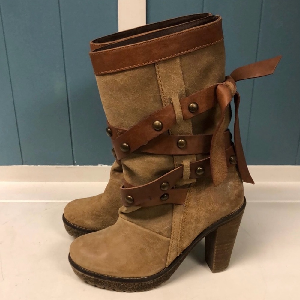Suede tan heeled boots with leather straps women’s size 7